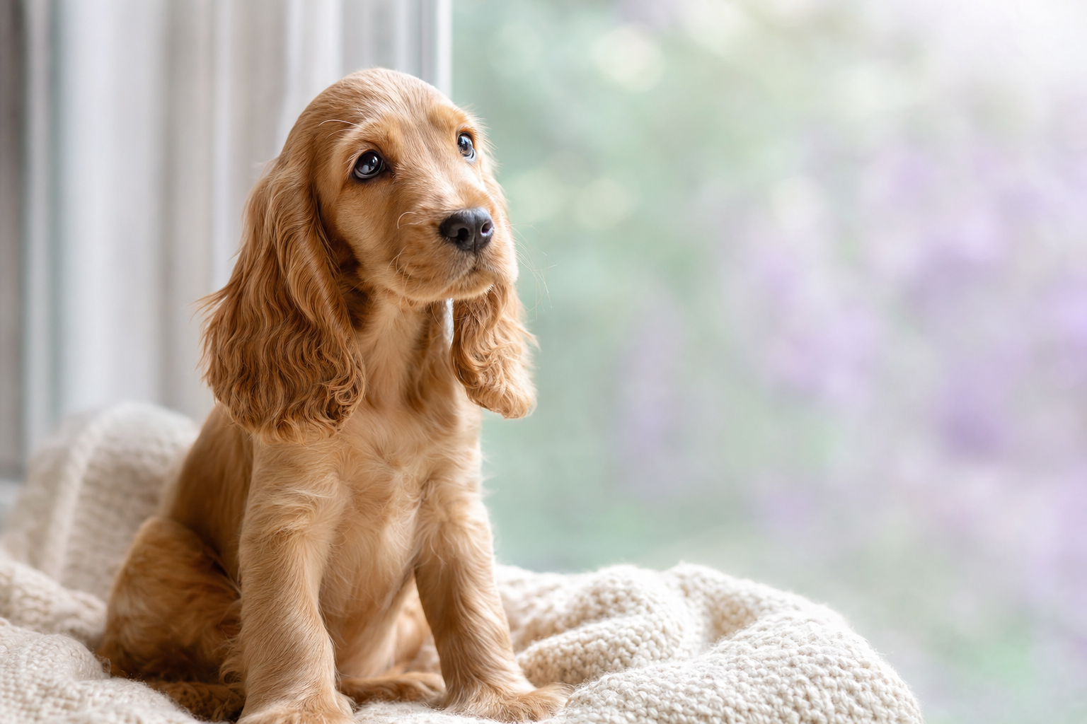 Chiot cocker anglais golden aux longues oreilles soyeuses, assis sur un plaid clair près d'une fenêtre