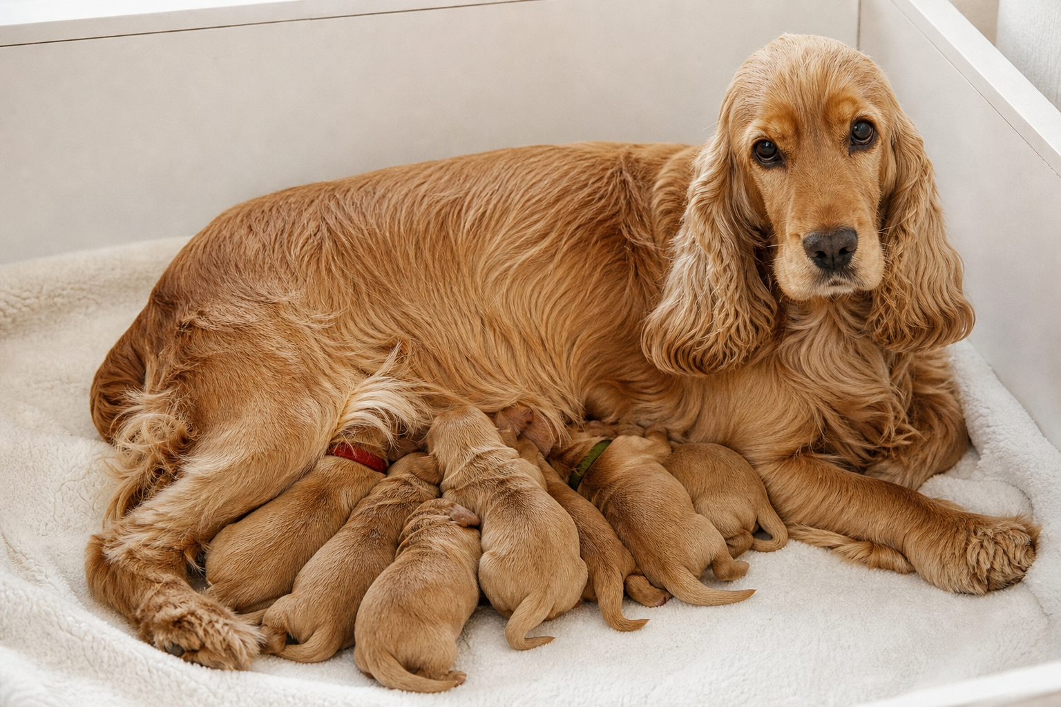 Mère cocker anglais golden allongée avec sa portée de chiots qui tètent, dans un espace de naissance propre et clair