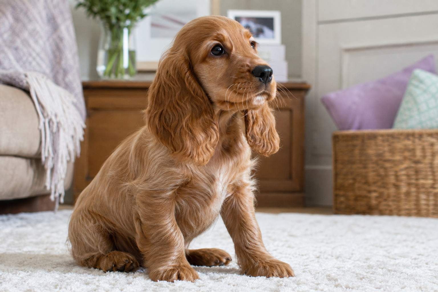 Chiot cocker anglais roux assis sur un tapis clair dans un salon chaleureux, découvrant son nouveau foyer